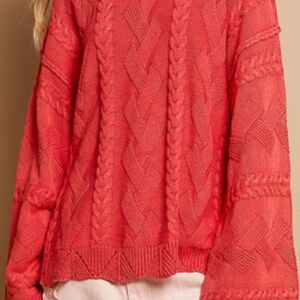 POL Oversized Vintage Washed Cable Textured Sweater, NIB, S(Runs BIG), 🍒RED❤️